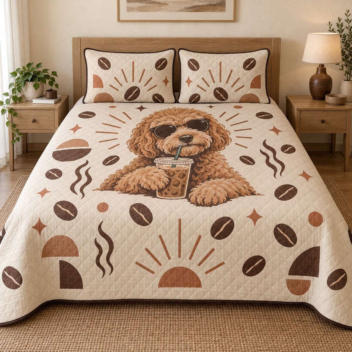 Iced Coffee Doodle Goldendoodle Quilt Set, front Goldendoodle bedroom view