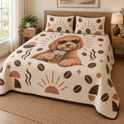 Iced Coffee Doodle Goldendoodle Quilt Set, angled Goldendoodle bedroom view