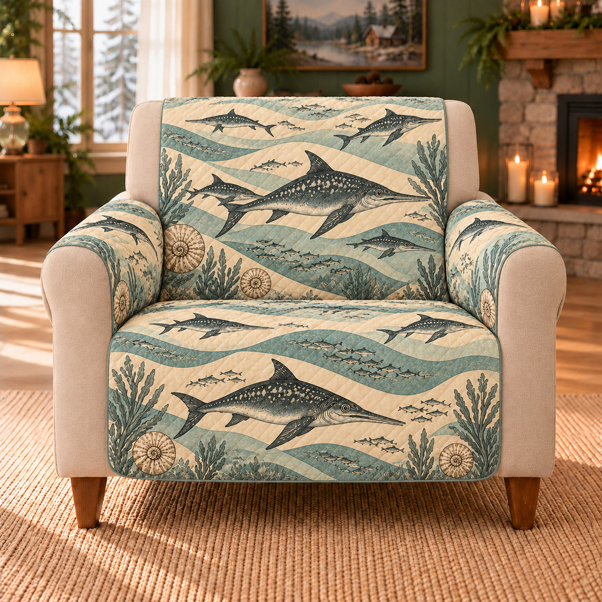 Ichthyosaur Current Bands sofa cover on a beige armchair