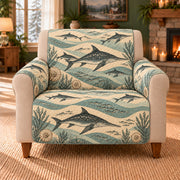 Ichthyosaur Current Bands sofa cover on a beige armchair