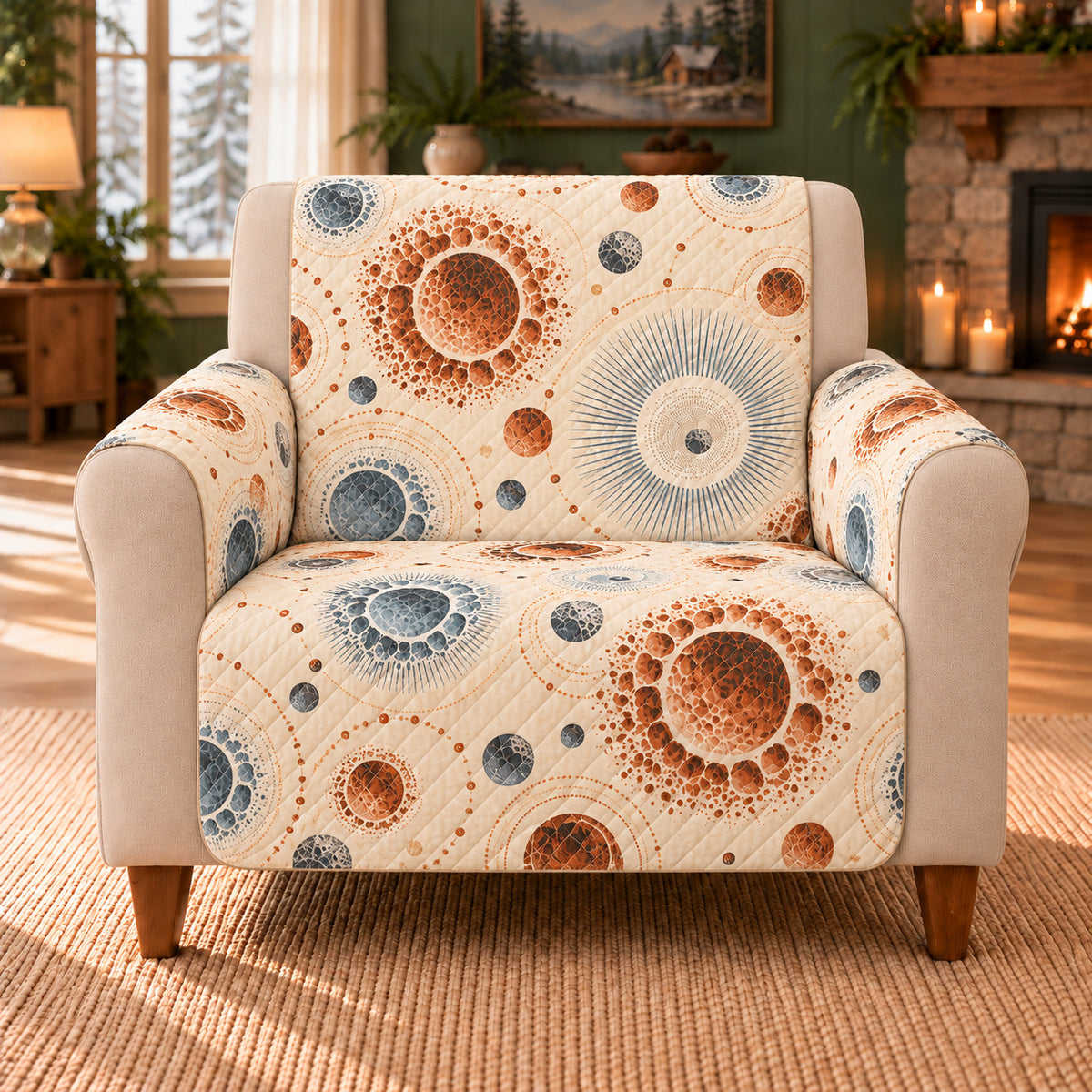 Impact Basin Rosettes sofa cover on a beige armchair