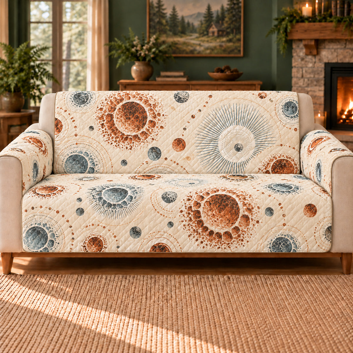 Impact Basin Rosettes sofa cover on a beige sofa