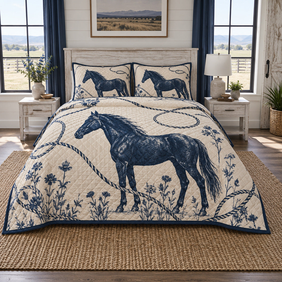 Indigo Lariat Horse Western Ranch Quilt Set, front horse western ranch bedroom view