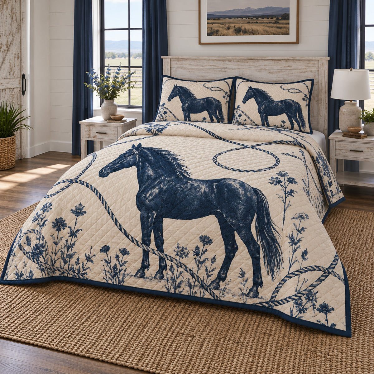 Indigo Lariat Horse Western Ranch Quilt Set, angled horse western ranch bedroom view