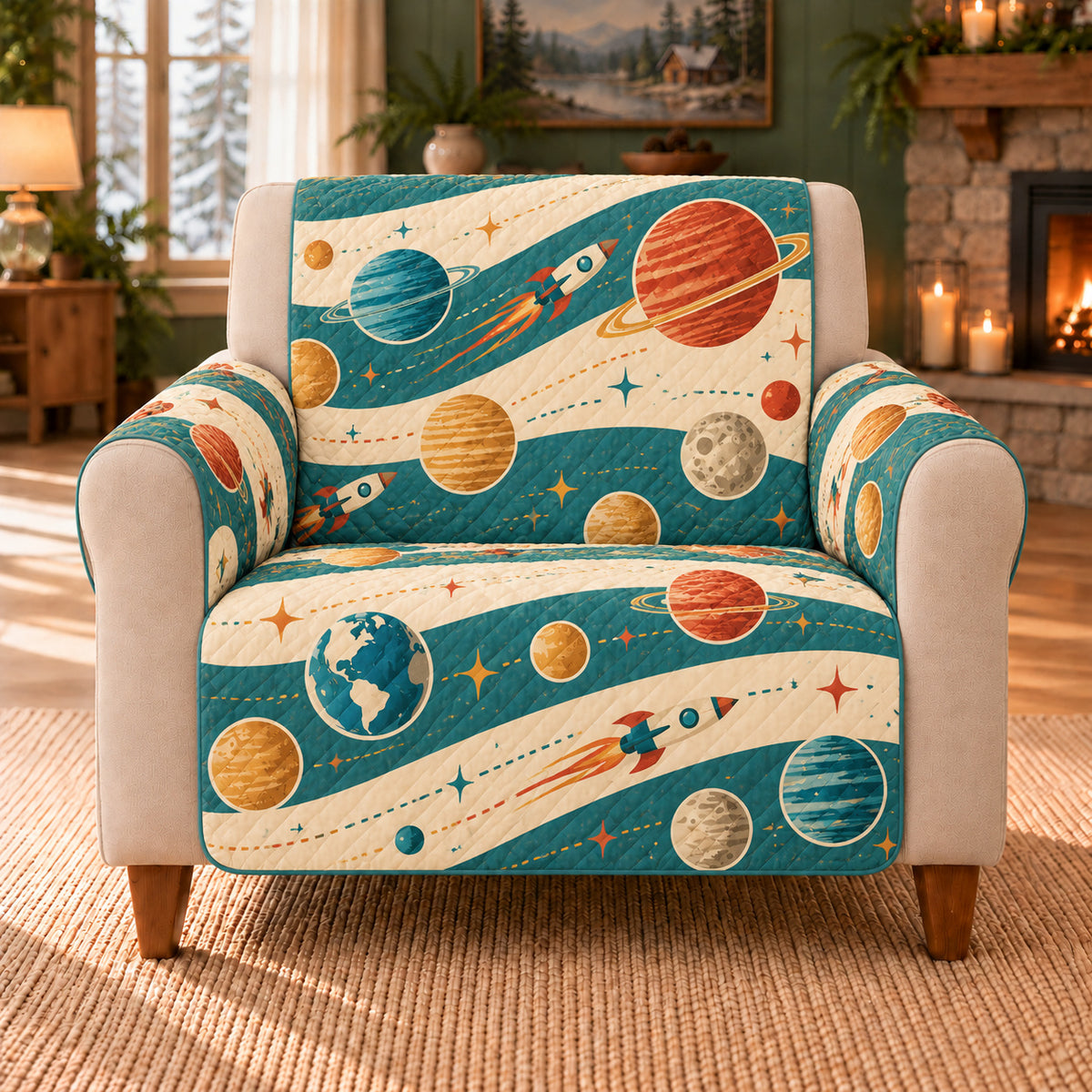Interplanetary Route Bands sofa cover on a beige armchair