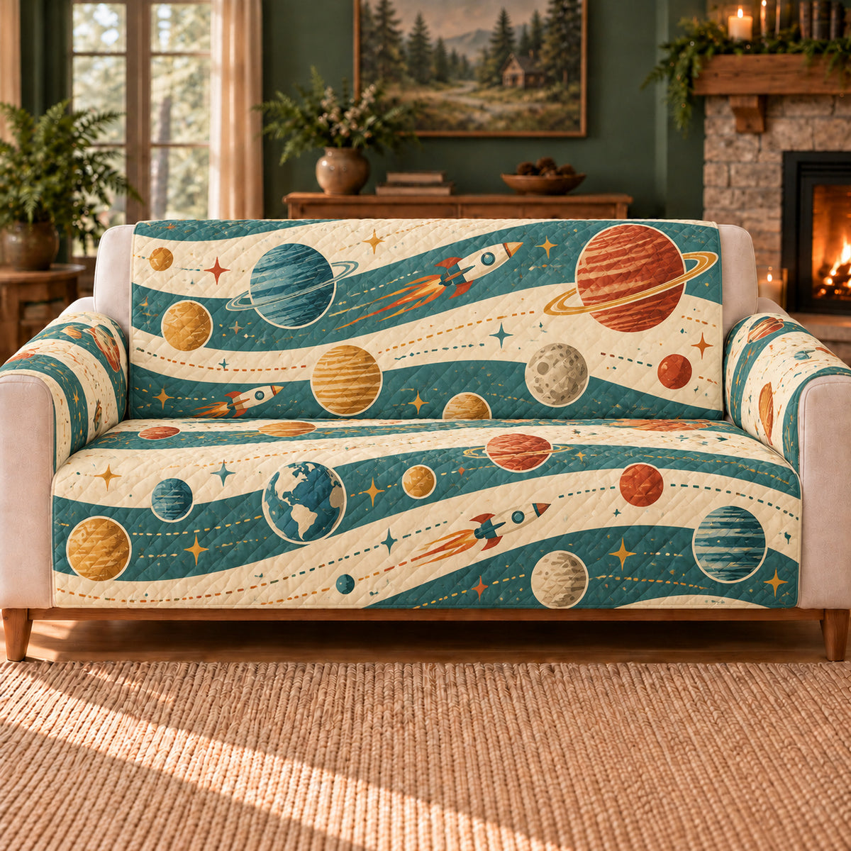 Interplanetary Route Bands sofa cover on a beige sofa