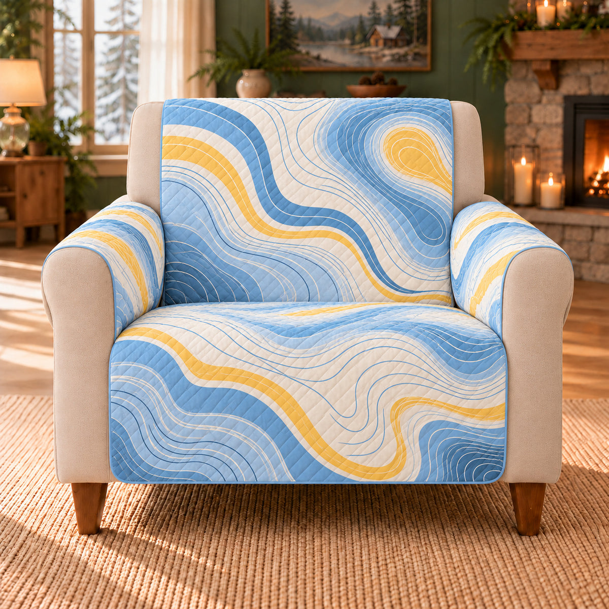 Isobar Contour Ribbons sofa cover on a beige armchair