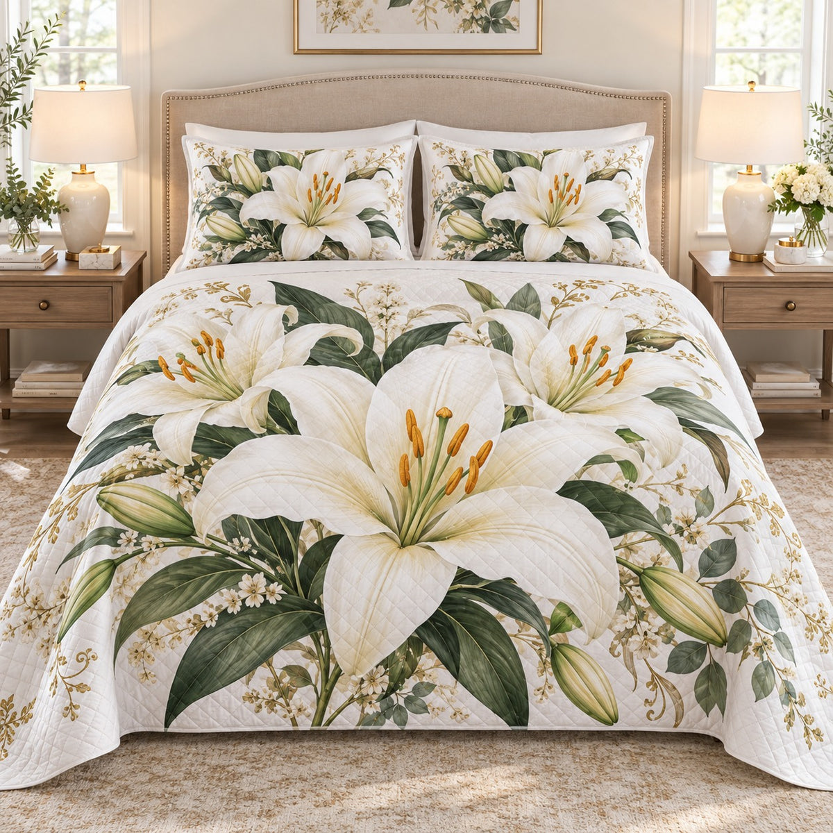 Ivory lily garden quilt set, view 1, AI-generated product mockup