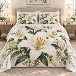 Ivory Lily Garden Quilt Set, Floral Bedding Gift for Lily Lovers