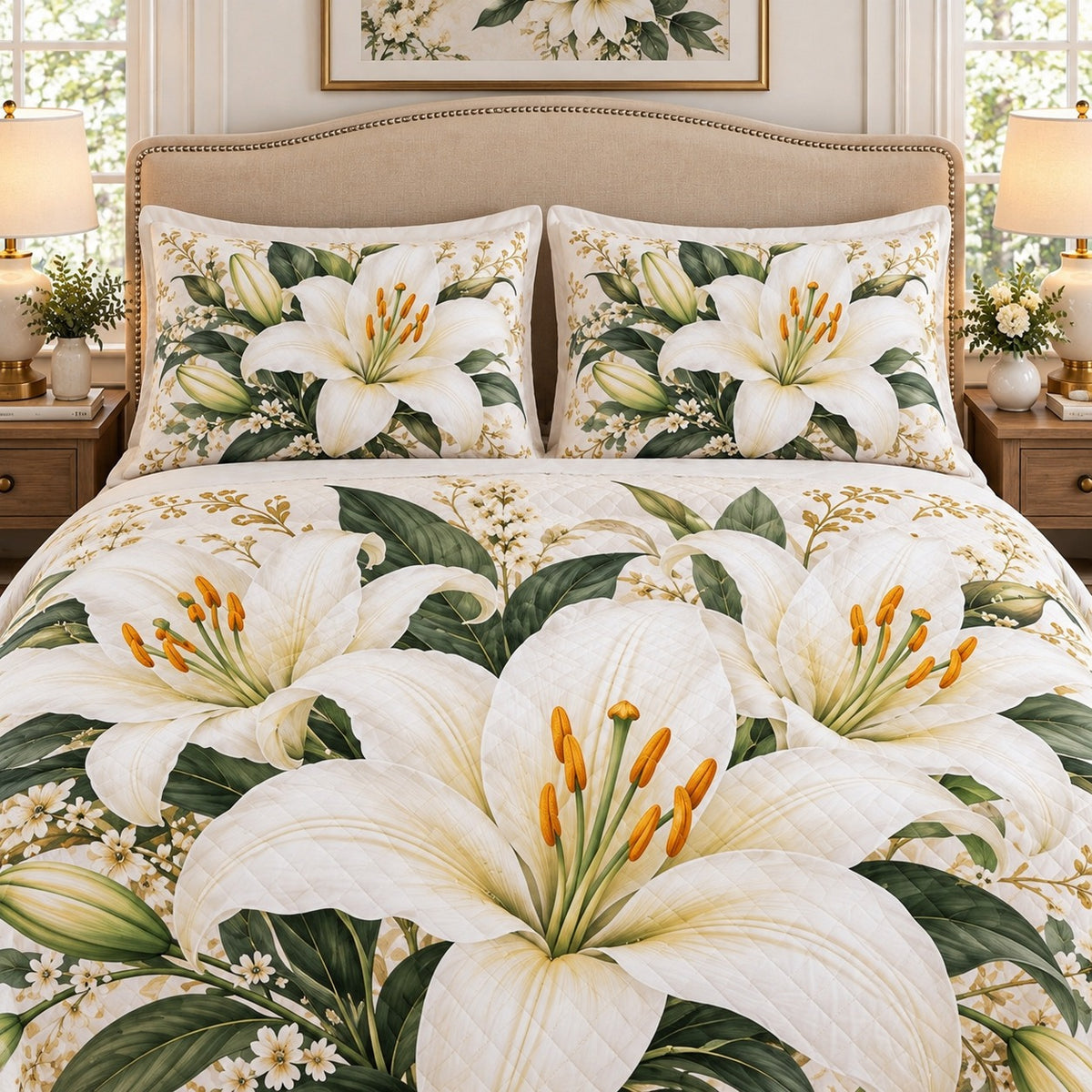 Ivory lily garden quilt set, view 2, AI-generated product mockup