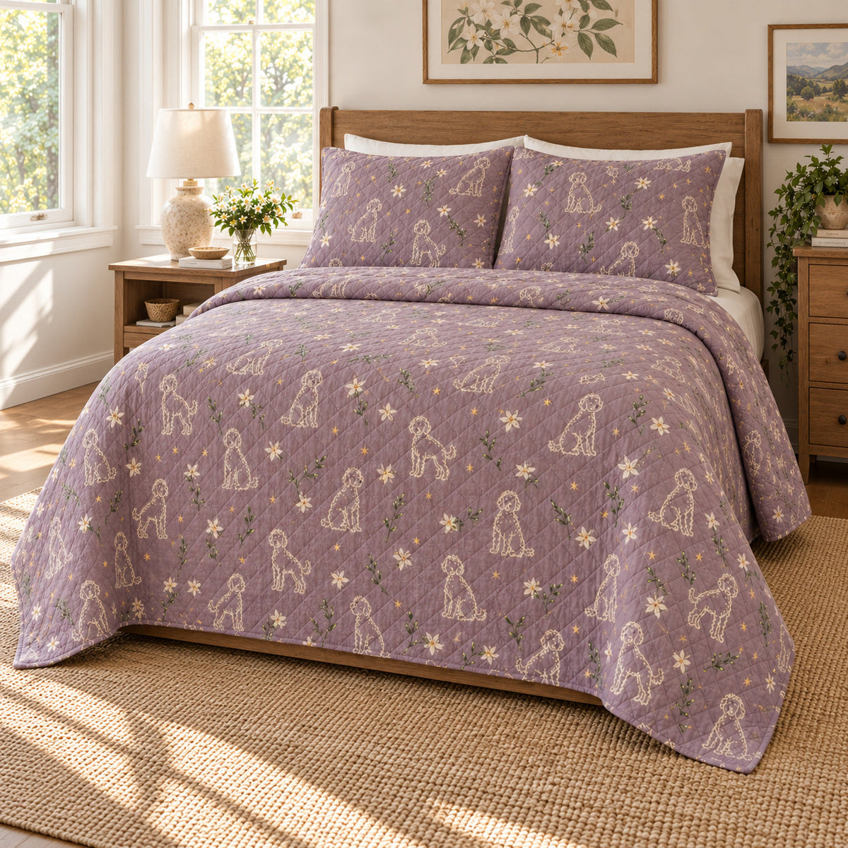 Jasmine Outline Doodle Goldendoodle Starry Garden Quilt Set, angled goldendoodle starry garden bedroom view