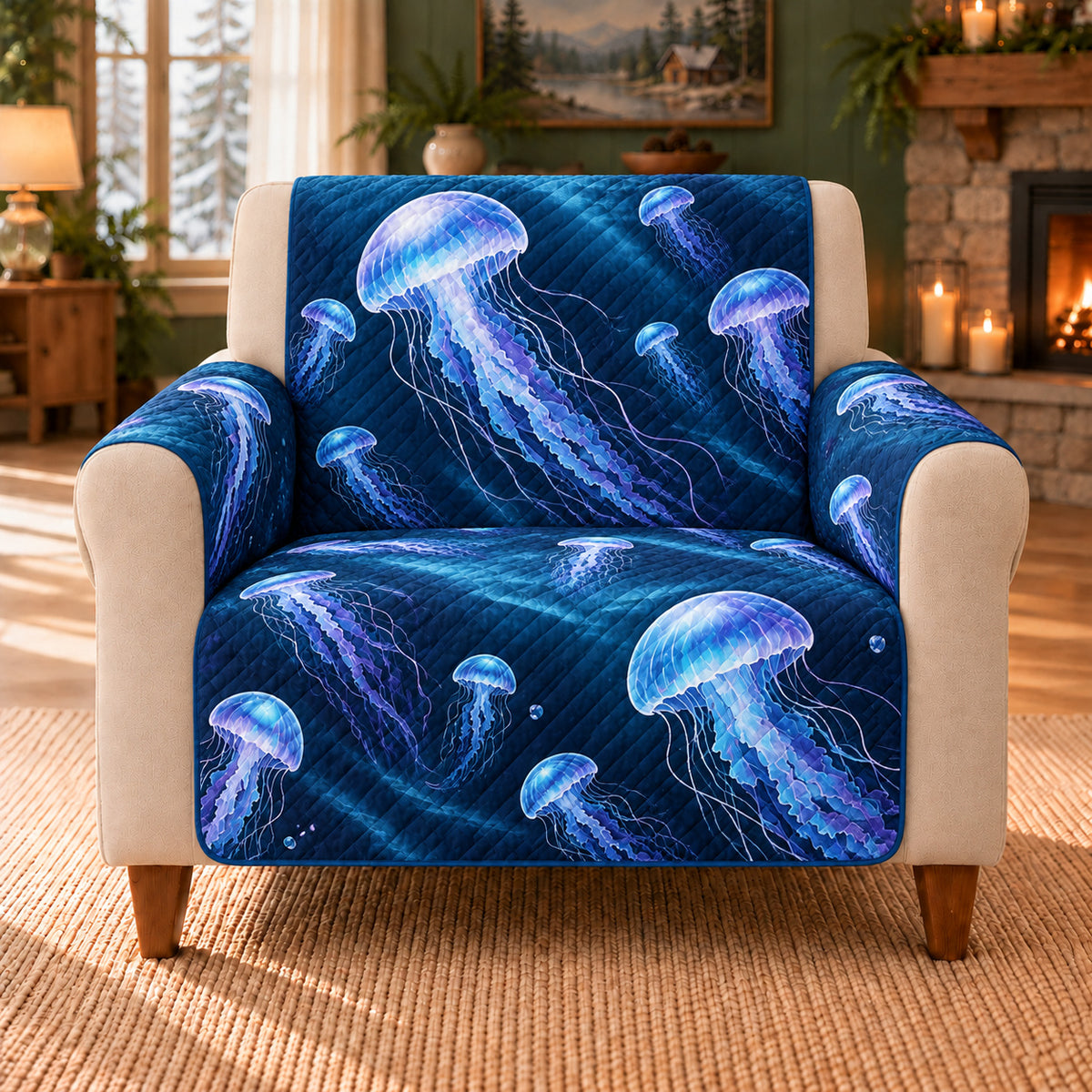 Jellyfish Quiet Drift sofa cover on a beige armchair