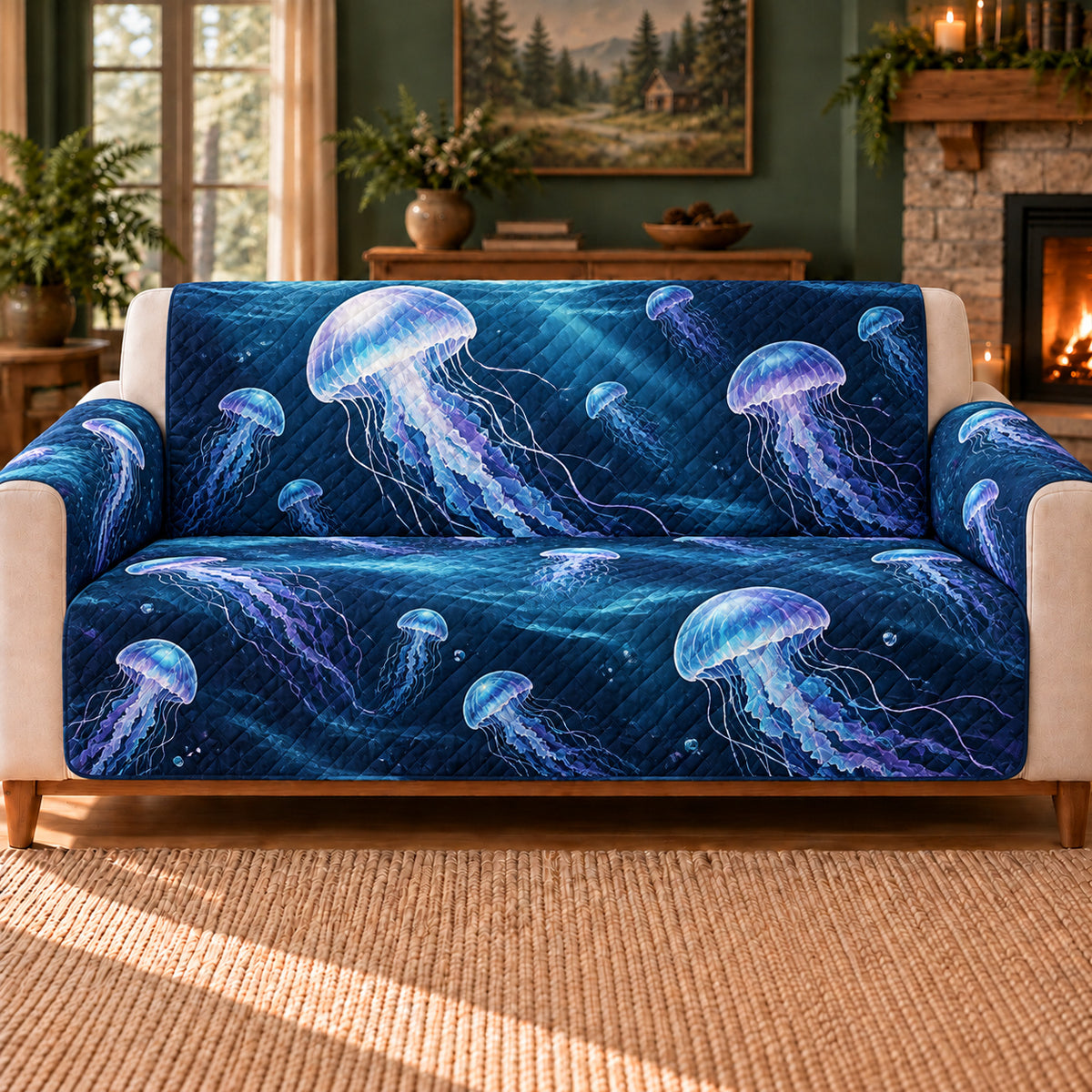Jellyfish Quiet Drift sofa cover on a beige sofa