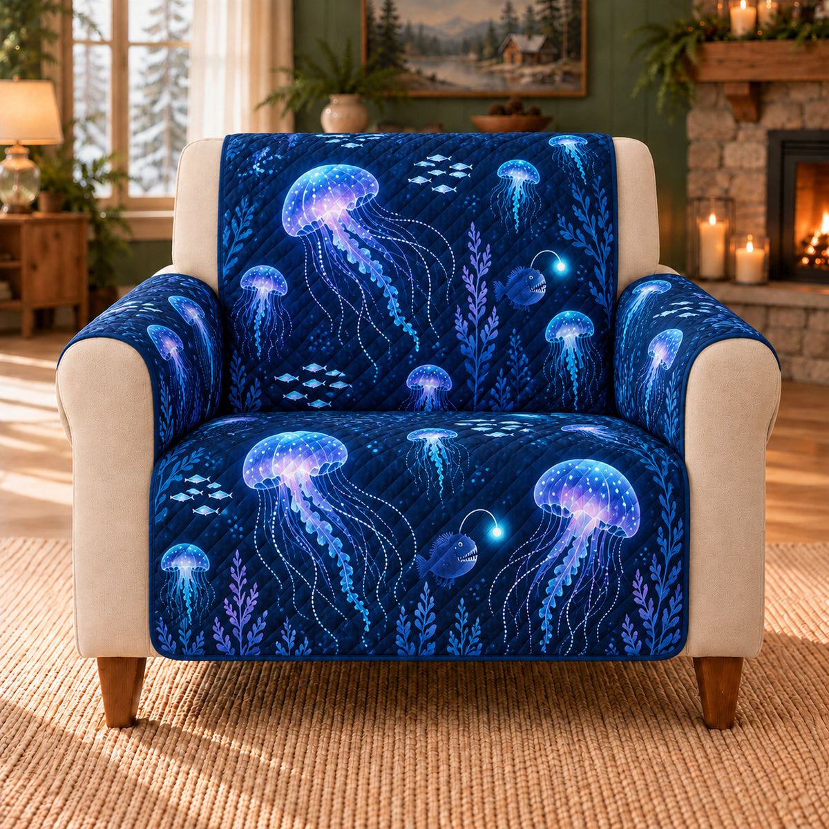 Lantern Organism Scatter sofa cover on a beige armchair