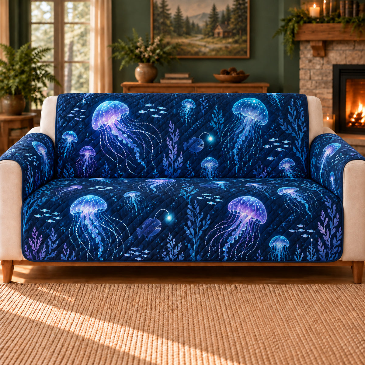 Lantern Organism Scatter sofa cover on a beige sofa