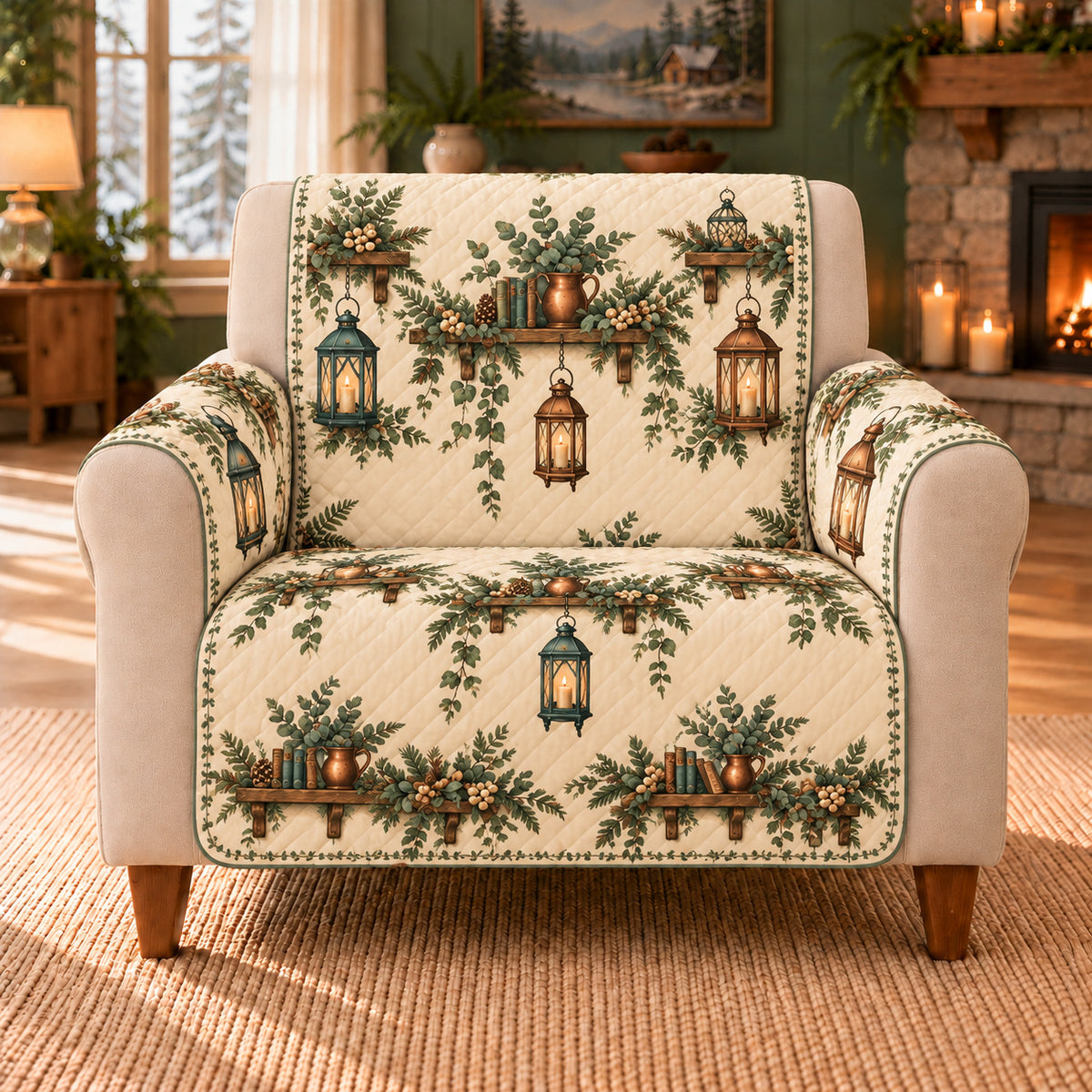 Lantern Shelf Garland sofa cover on a beige armchair