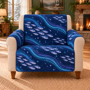 Lanternfish Stream Lines sofa cover on a beige armchair