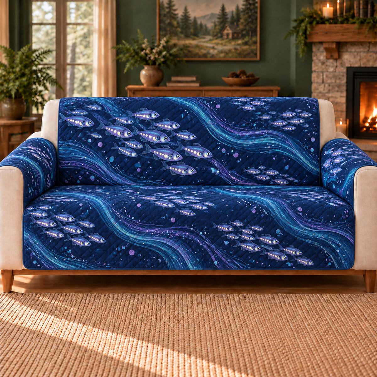 Lanternfish Stream Lines sofa cover on a beige sofa