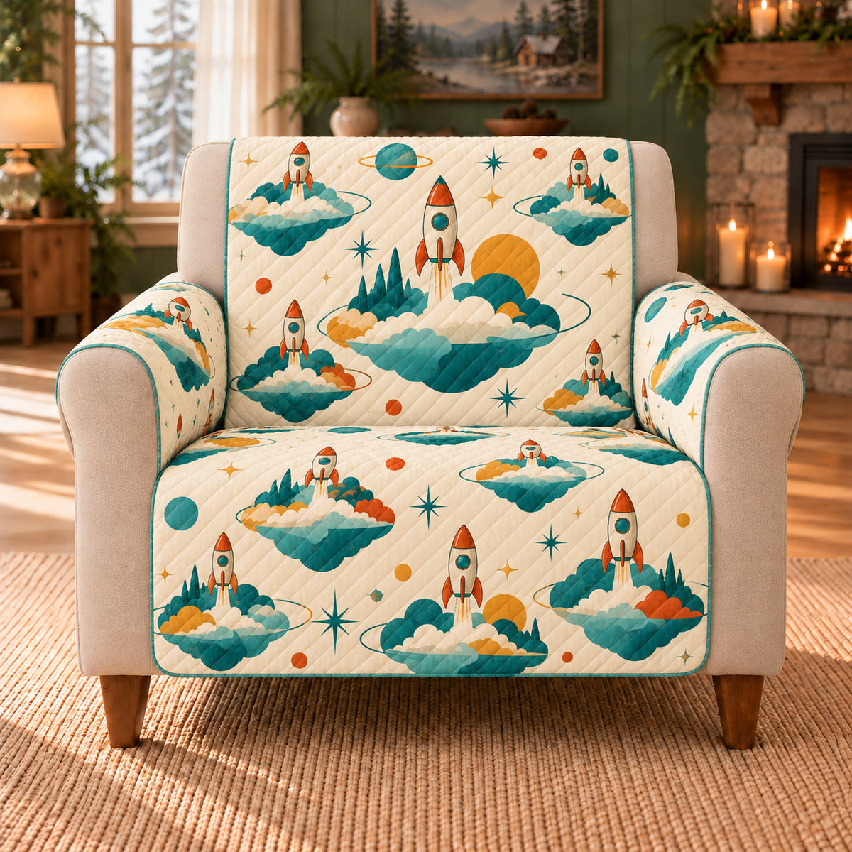 Launch Cloud Islands sofa cover on a beige armchair