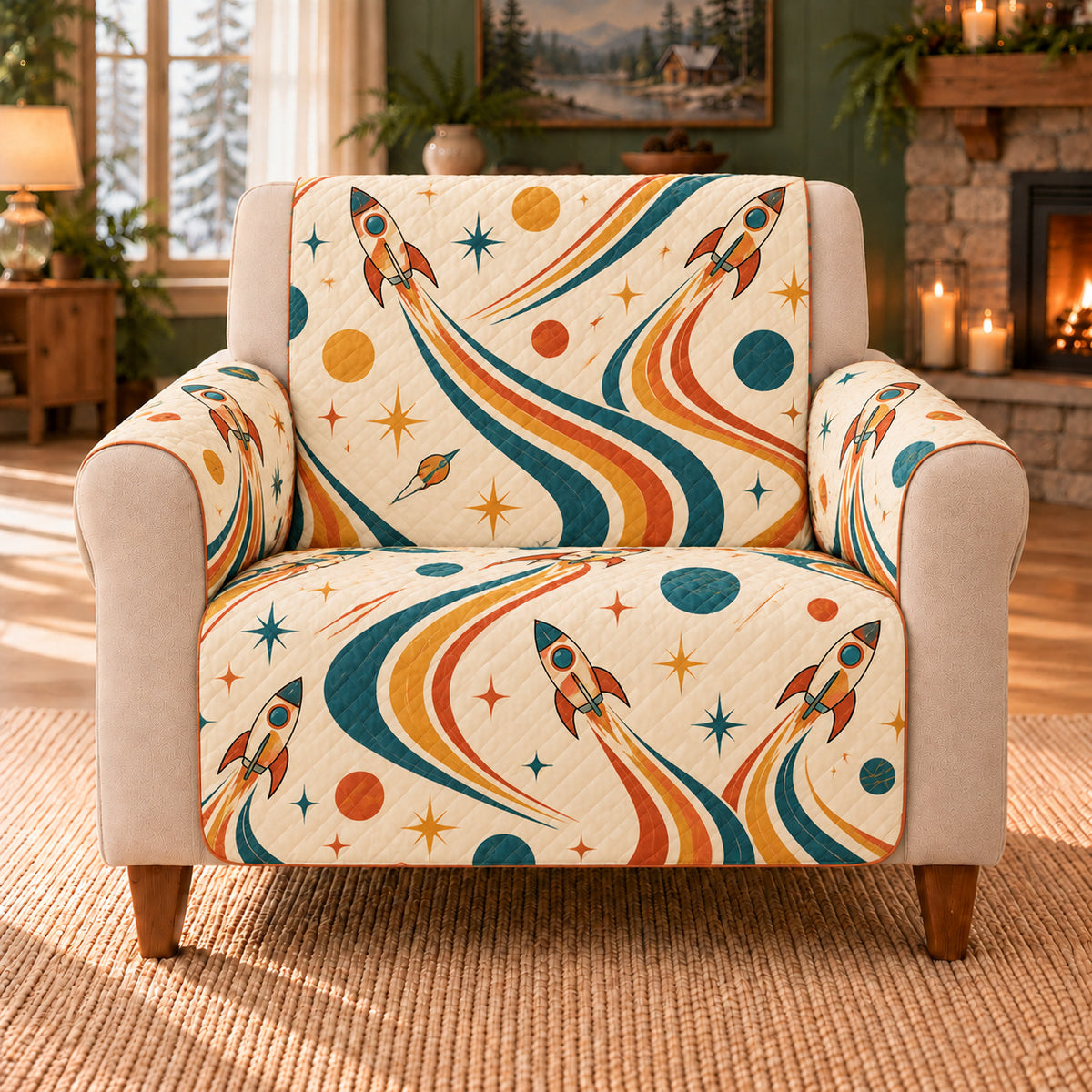 Launch Trail Ribbons sofa cover on a beige armchair