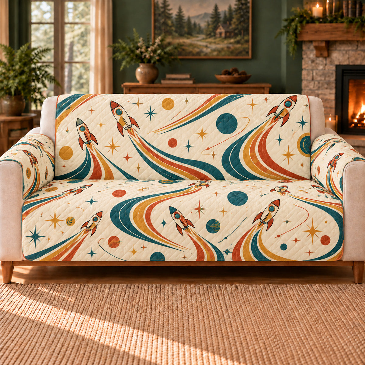 Launch Trail Ribbons sofa cover on a beige sofa