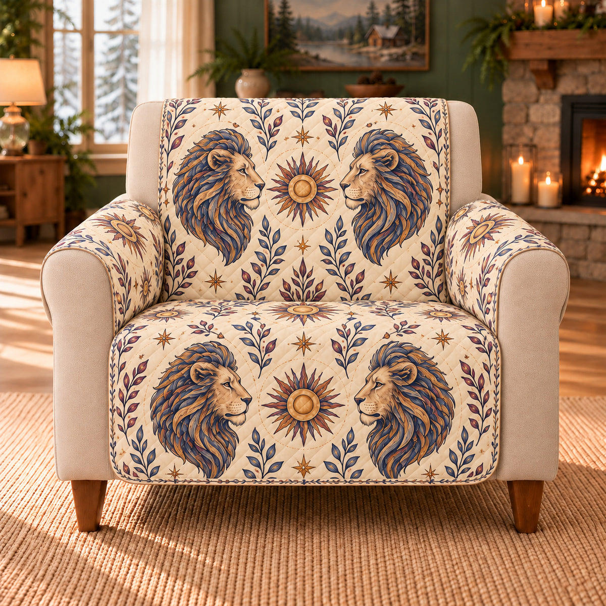 Leo Sun Rosette Repeat sofa cover on a beige armchair