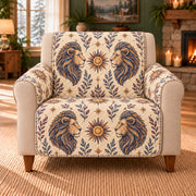 Leo Sun Rosette Repeat sofa cover on a beige armchair