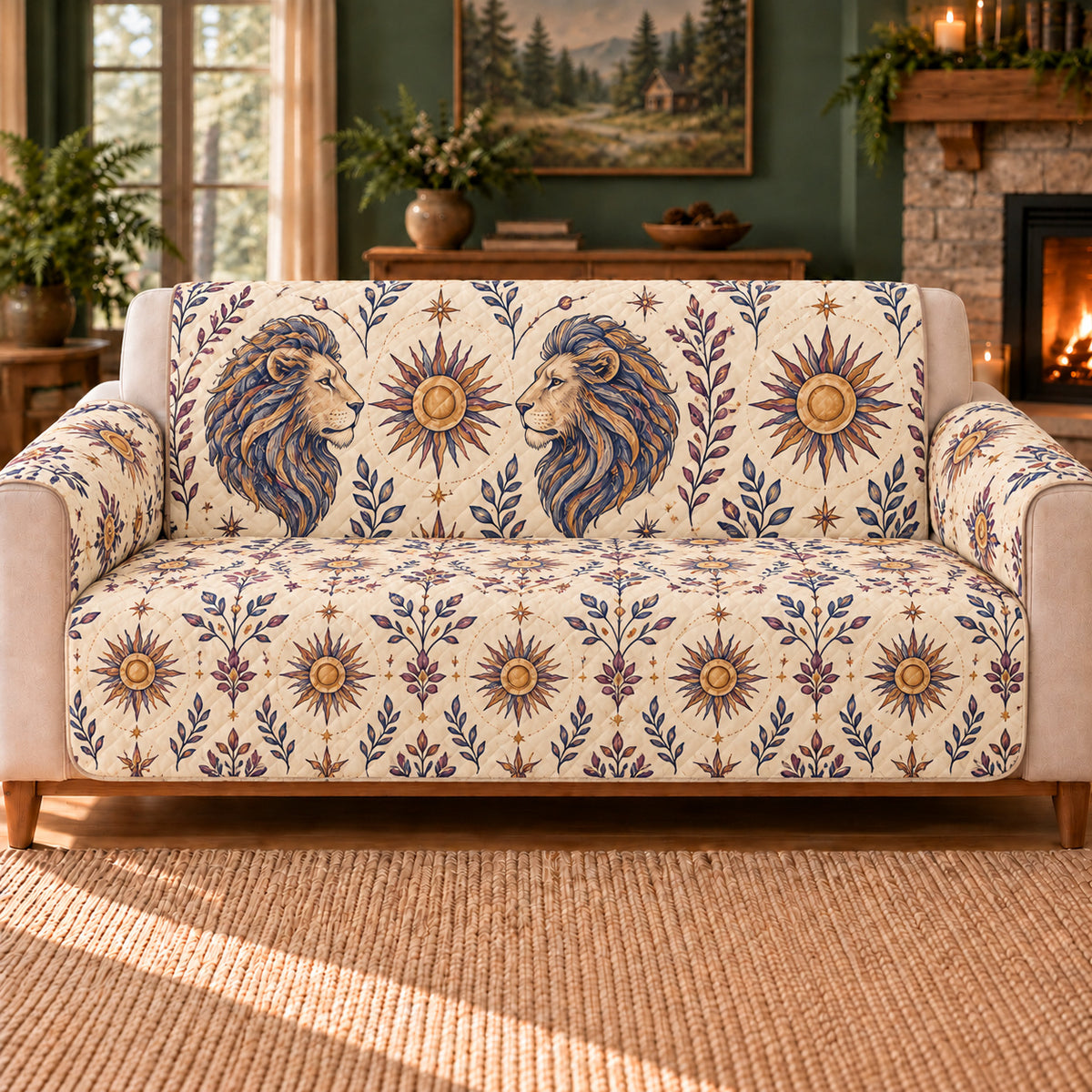 Leo Sun Rosette Repeat sofa cover on a beige sofa