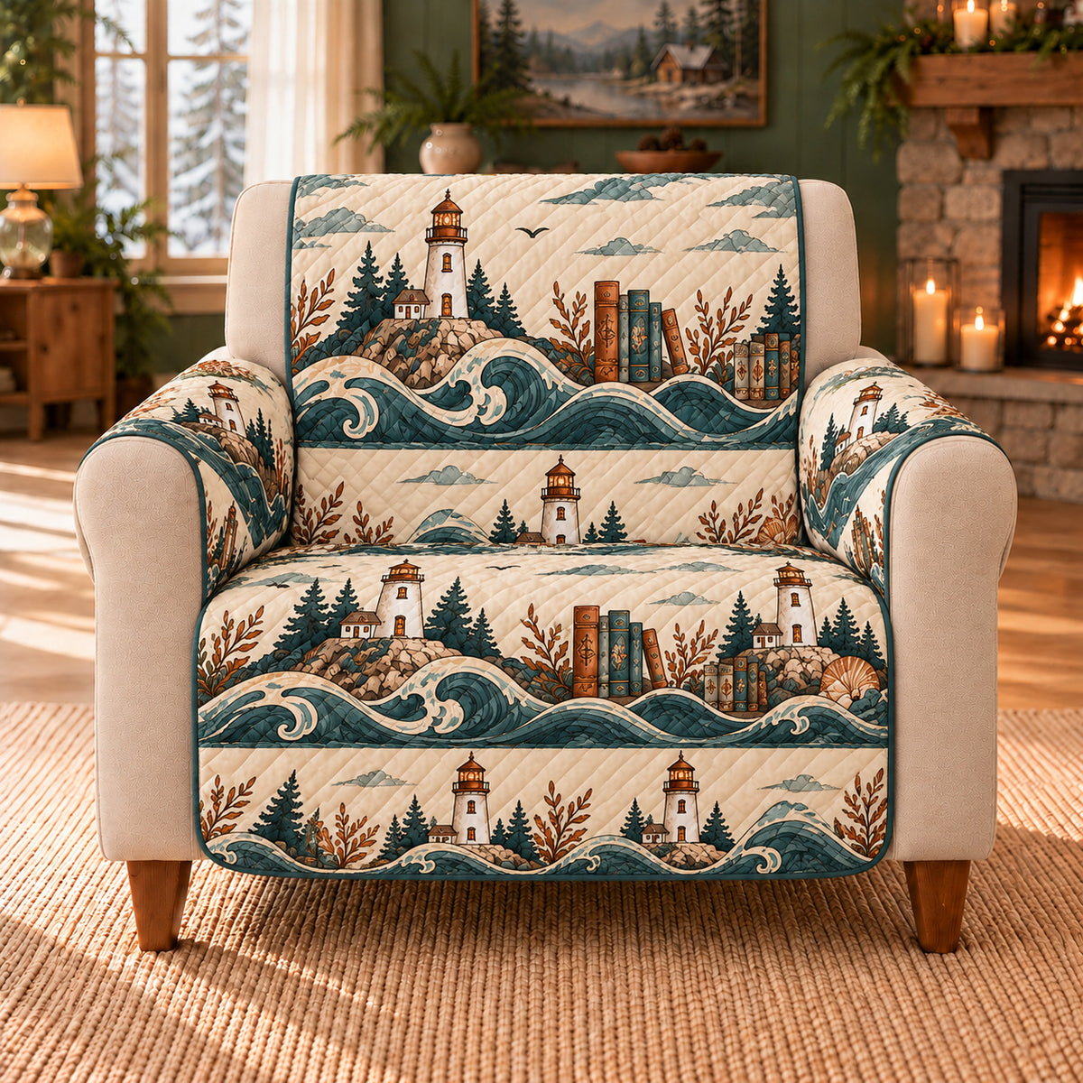 Lighthouse Archive Bands sofa cover on a beige armchair