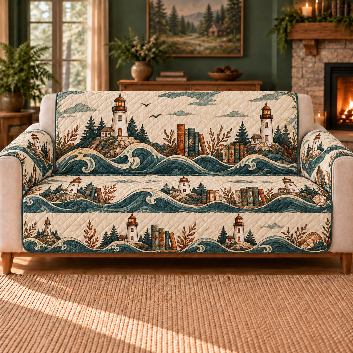Lighthouse Archive Bands sofa cover on a beige sofa