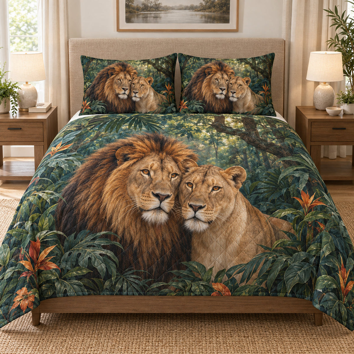Lion Couple Tropical Jungle quilt set displayed on a bed with coordinating pillow shams