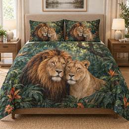 Lion Couple Tropical Jungle Quilt Set