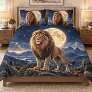 Lion Full Moon Mountain quilt set displayed on a bed with coordinating pillow shams