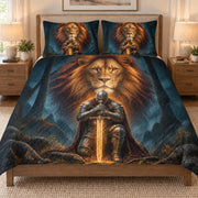 Lion Knight Fantasy Sword quilt set displayed on a bed with coordinating pillow shams
