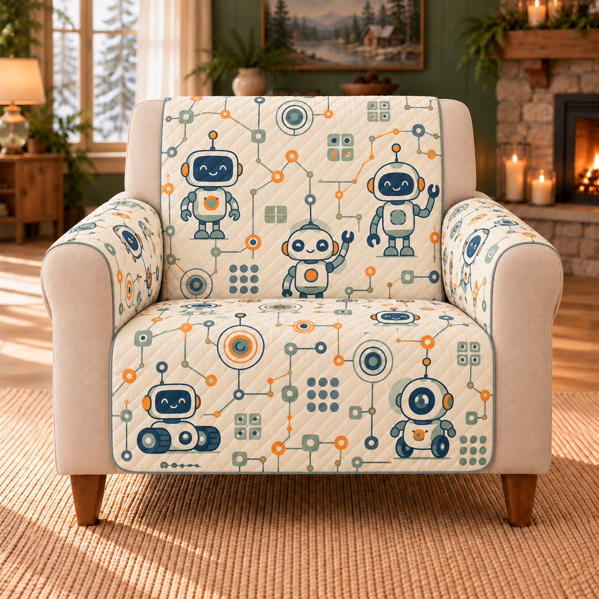 Logic Node Pattern sofa cover on a beige armchair