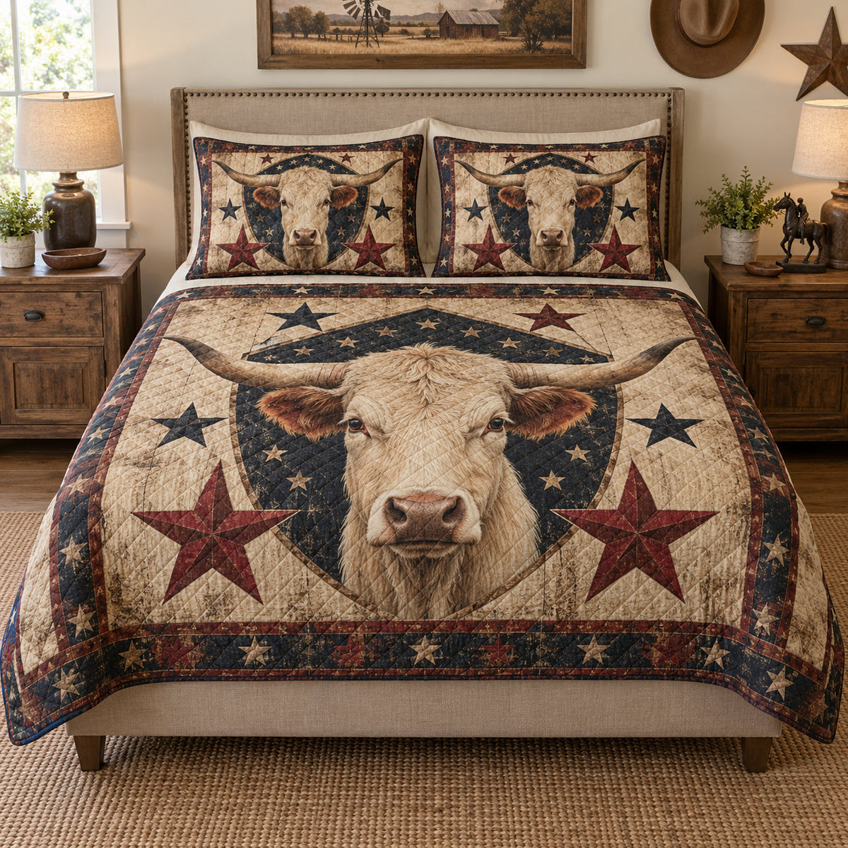 Longhorn Cow Western Star quilt design with coordinating pillow shams