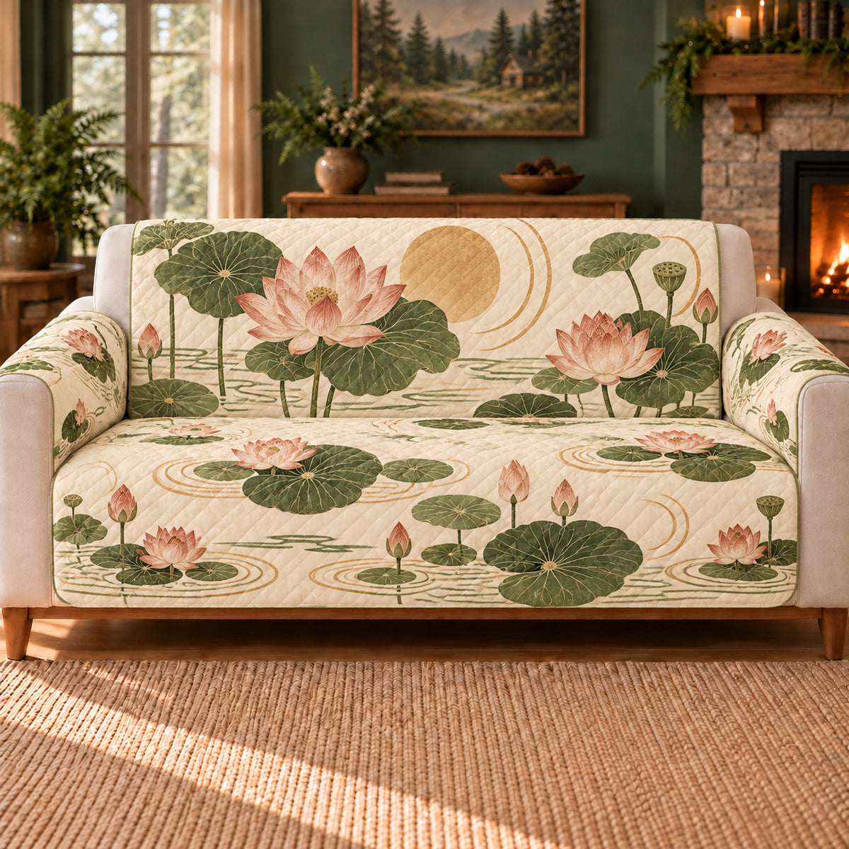 Lotus Ripple Repeat sofa cover on a beige sofa