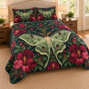 AI mockup, angled view of the luna moth hibiscus quilt set showing its thin long quilt drape.