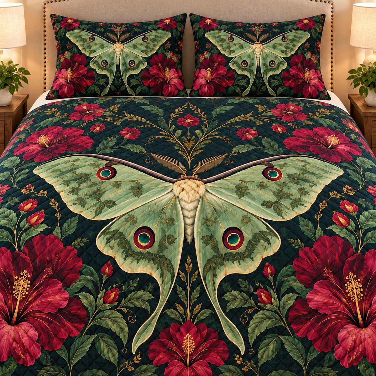 AI mockup, closer front view of the luna moth eyespots, burgundy hibiscus and diamond quilting.
