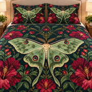 AI mockup, closer front view of the luna moth eyespots, burgundy hibiscus and diamond quilting.