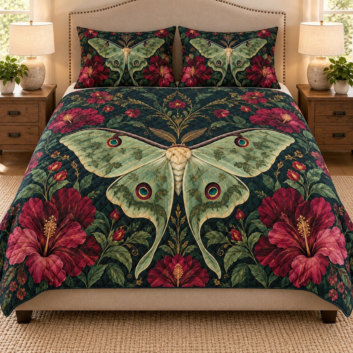 AI mockup, front hero view of a pale green luna moth and burgundy hibiscus quilt set on dark teal.