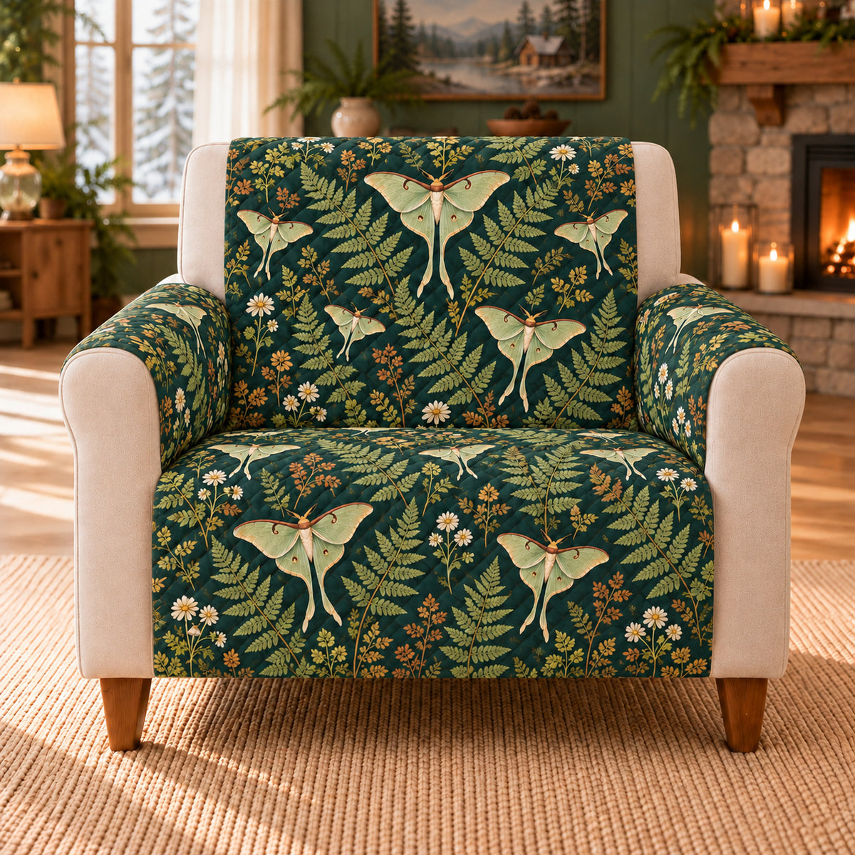 Luna Moth Fern Repeat cover on a beige armchair, AI-generated design preview