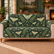 Luna Moth Fern Repeat cover on a beige sofa, AI-generated design preview