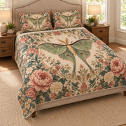AI mockup, angled view of the luna moth floral quilt set showing its thin quilt and long drape.