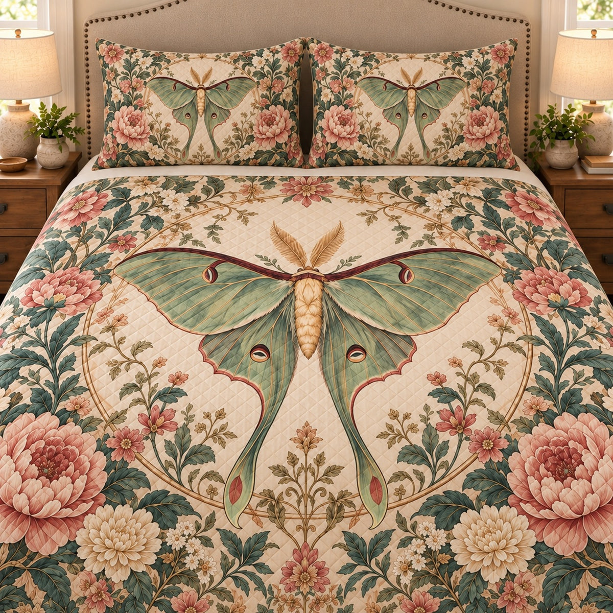 AI mockup, closer front view of the sage luna moth, vintage floral print and diamond quilting.