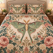 AI mockup, closer front view of the sage luna moth, vintage floral print and diamond quilting.