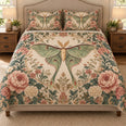 Luna Moth Quilt Set, Sage Green Vintage Floral Bedding, Gift for Moth and Nature Lovers