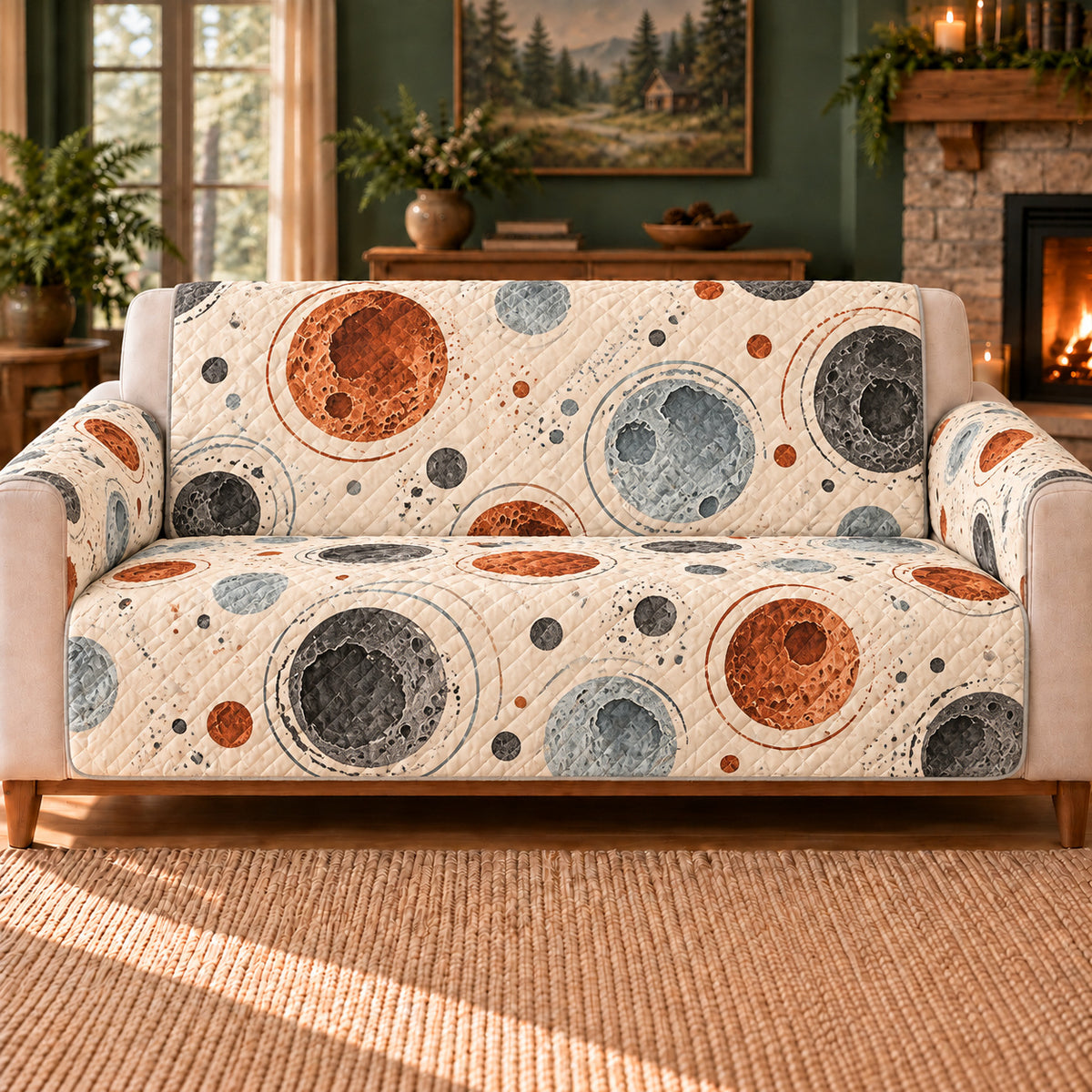 Lunar Crater Ovals sofa cover on a beige sofa