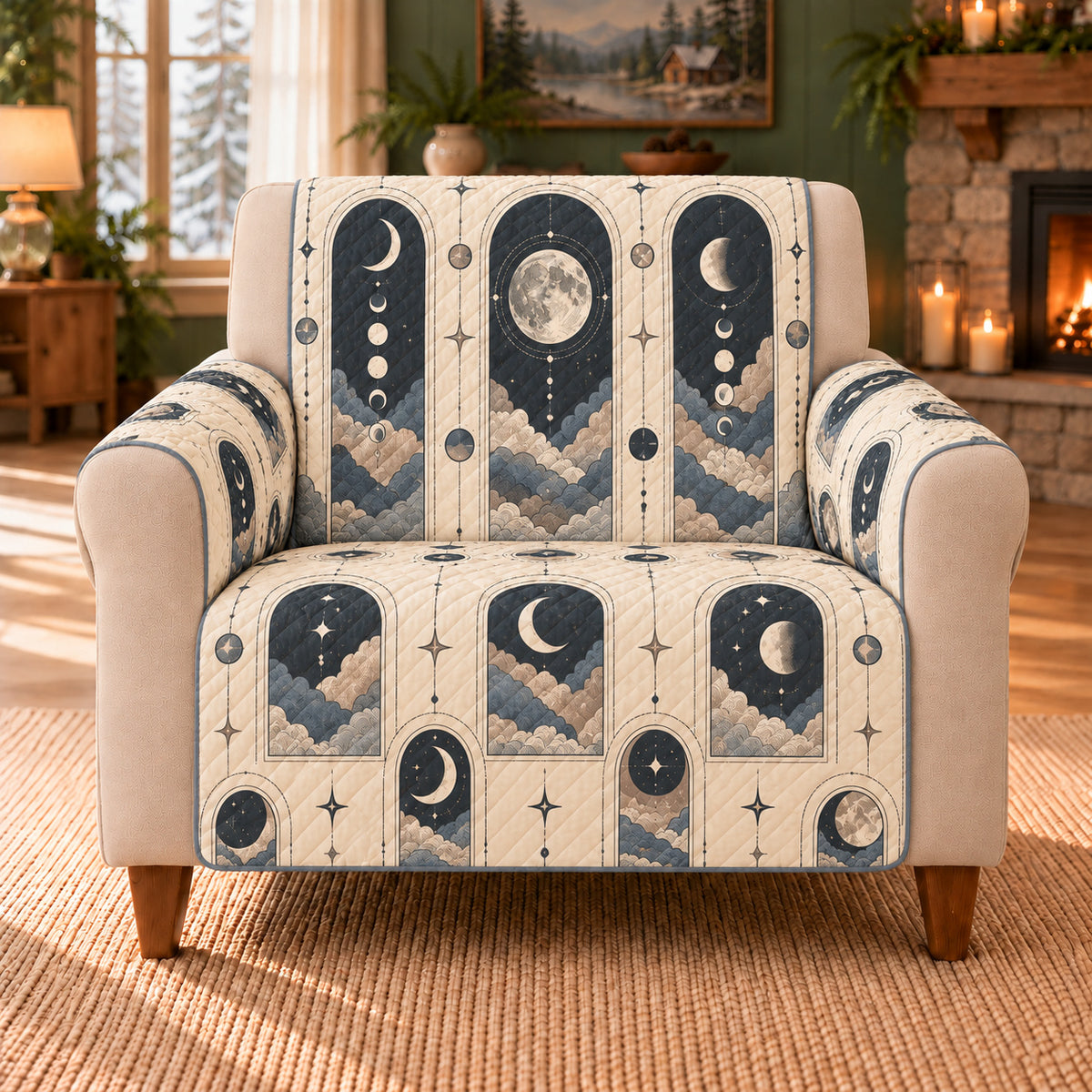 Lunar Drift Windows sofa cover on a beige armchair