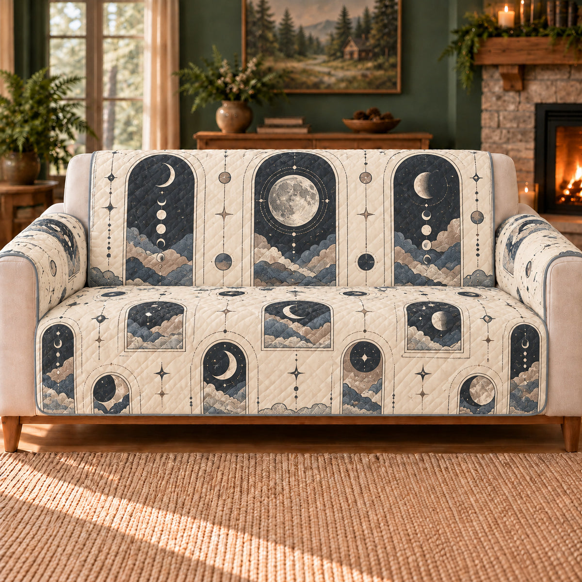 Lunar Drift Windows sofa cover on a beige sofa
